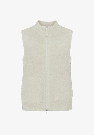 Roomkleurig, mouwloos vest met een zachte, rijke textuur, voorzien van een centrale ritssluiting en gladde zijkanten. Zacht en warm ontwerp.