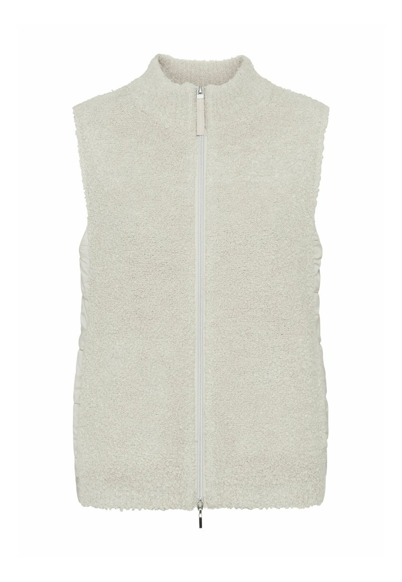 Cremefarbene, ärmellose Weste aus plüschigem, strukturiertem Stoff mit zentralem Reißverschluss und glatten Seitenpaneelen. Weiches und warmes Design.