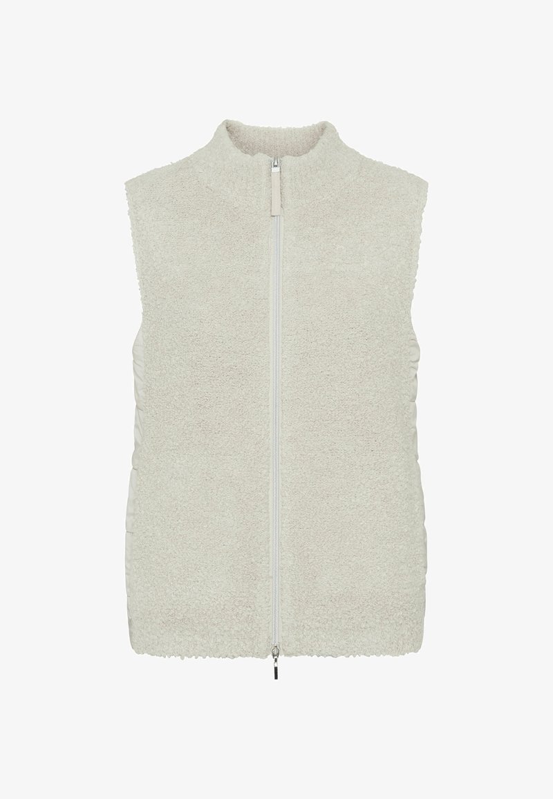 Cremefarbene, ärmellose Weste aus plüschigem, strukturiertem Stoff mit zentralem Reißverschluss und glatten Seitenpaneelen. Weiches und warmes Design.
