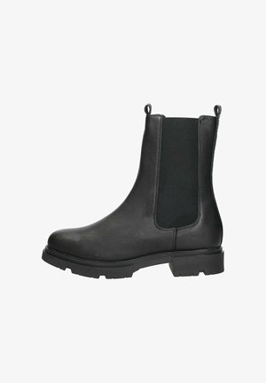 Zwarte leren Chelsea-boot met elastische zijpanelen, trekflappen, een chunky zool en een gladde afwerking. Eenvoudig en functioneel ontwerp.