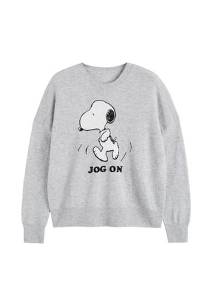 Pull gris clair avec une illustration de Snoopy en train de faire du jogging et le texte "JOG ON" en noir au centre devant.