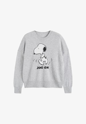 Maglione grigio chiaro con illustrazione di Snoopy che corre e scritta "JOG ON" in nero al centro davanti.