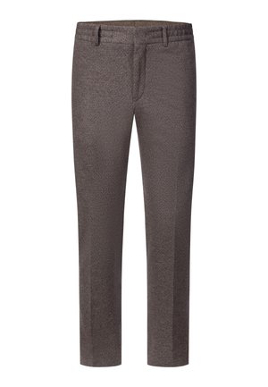 Herrenhose mit geradem Bein aus braun strukturiertem Stoff mit Gürtelschlaufen und vorderer Reißverschlussöffnung vor weißem Hintergrund.
