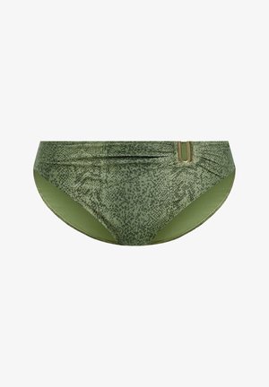 Groene bikini onderkant met een geweven luipaardprintontwerp, zachte stof en een middelhoge snit met subtiele elastische details.