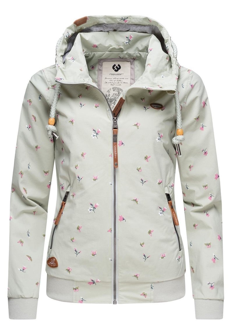 Chaqueta verde claro con estampado floral, que cuenta con un cierre de cremallera en el frente, capucha ajustable con cordones, puños elásticos y detalles en color beige.
