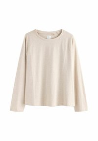 Beige Langarm-T-Shirt aus weichem Stoff mit Rundhalsausschnitt und Raglanärmeln, mit einer glatten Textur und minimalistischem Design.