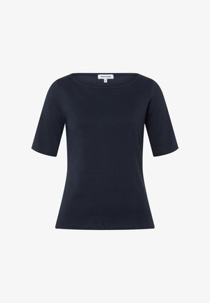 Marineblaues Damen-T-Shirt mit kurzen Ärmeln, rundem Ausschnitt und leicht taillierter Silhouette.
