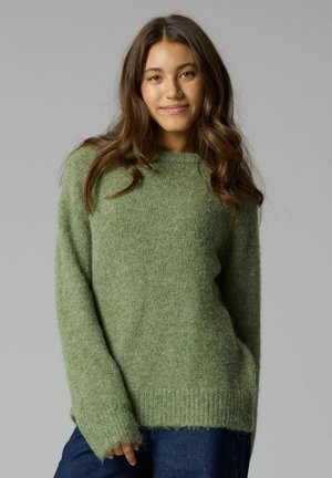 Jeune femme aux longs cheveux bruns portant un pull vert duveteux et un jean bleu, debout devant un fond gris uni.