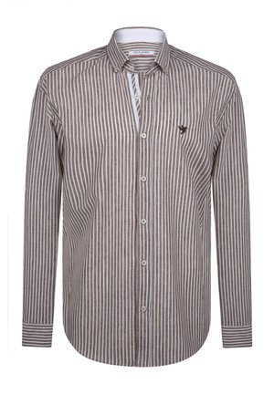 Braun- und weiß gestreiftes Langarmhemd mit Knopfleiste, Kragen und kleinem gesticktem Logo auf der Brust. Baumwollmischung.