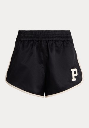 Schwarze Sportshorts mit elastischem Bund, cremefarbigen seitlichen Streifen und einem weißen "P"-Logo auf der unteren linken Seite. Glattes Material, lockere Passform.