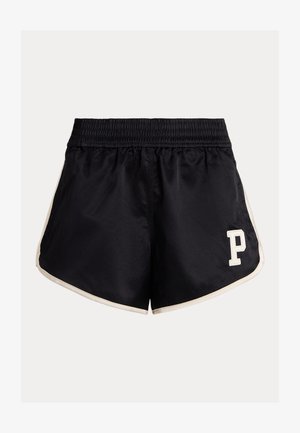 Svarta träningsshorts med elastisk midja, krämfärgade sidostripes och en vit "P"-logotyp nederst till vänster. Slätt tyg, avslappnad passform.