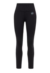 Czarne legginsy wykonane z elastycznego materiału, z wysokim stanem, bocznymi kieszeniami i małym, kontrastowym logo na biodrze.