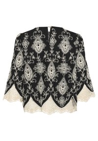 Svart topp med intrikata vita broderier med blommor och paisleymönster; scallopad spetskant; nyckelhål bak; utsvängda ärmar.