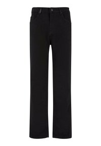 Jean noir à jambes droites avec passants pour ceinture, poches avant et fermeture par bouton à la taille, présenté sur un fond blanc.