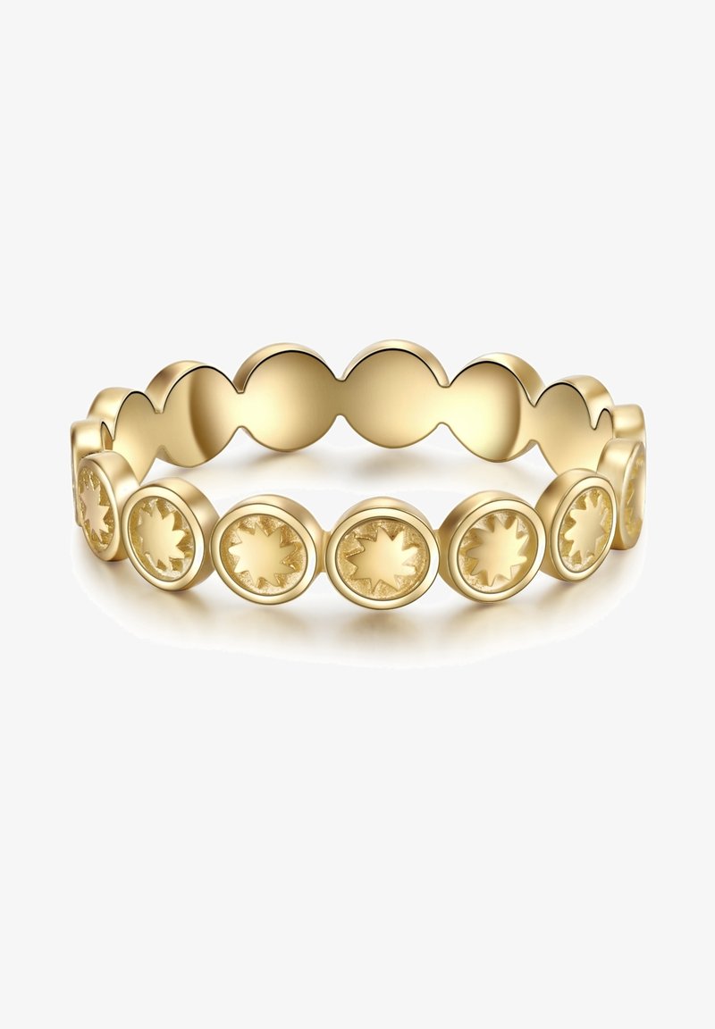 Zlati prstan s valovitim dizajnom in okroglimi detajli, kjer vsak prikazuje vzorec sončnega žarka. Gladka površina s poliranim zaključkom.