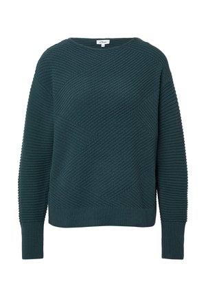 Pull en tricot bleu canard avec des motifs diagonaux texturés et en côtes, manches longues et encolure ras du cou, présenté sur un fond blanc.