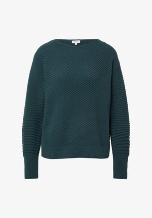 Tume teali kääridud sviiter, millel on tekstuursed diagonaalsed ja soonikustatud mustrid, pikad varrukad ja ümmargune kaelus, esitatud valgel taustal.