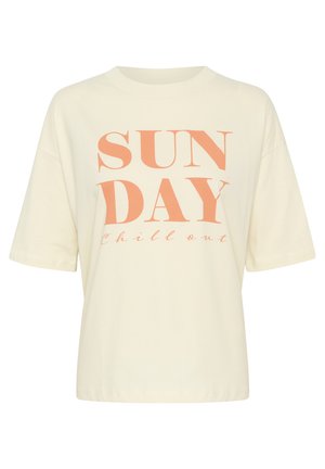 Kratka majica s kratkimi rokavi iz bombaža, z velikim koralnim napisom "SUN DAY" in manjšim napisom "chill out" spodaj, sproščen kroj.