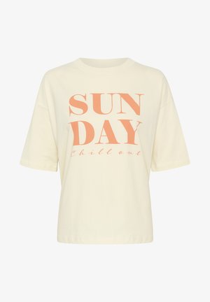 Kratka majica s kratkimi rokavi iz bombaža, z velikim koralnim napisom "SUN DAY" in manjšim napisom "chill out" spodaj, sproščen kroj.