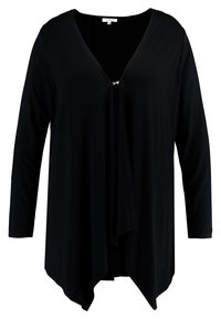 Czarny sweter z długim rękawem, otwarty z przodu, z asymetrycznym dołem i małym zapięciem na klatce piersiowej, rozmiar 44, etykieta widoczna.