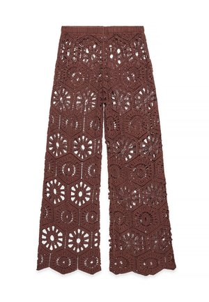 Pantalons au crochet marron présentant des motifs floraux et géométriques complexes, avec une coupe large et une taille élastique.