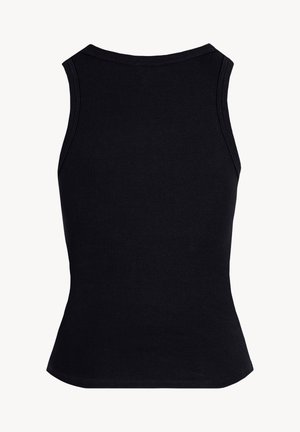 Zwarte mouwloze geribbelde tanktop met een ronde halslijn, aansluitende snit en eenvoudige stiksels langs de randen, gezien van achteren.