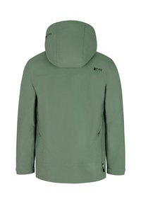 Groene waterdichte jas met capuchon, lange mouwen, achteraanzicht, met PVRE groene logo's op de capuchon en schoudergebied.