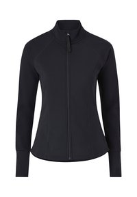 Sort, langærmet, tætsiddende jakke med høj krave og lynlås foran, der går fra halsen til kanten.