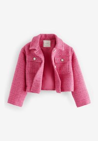 Rosa Tweed-Cropped-Jacke mit einem Kragen, zwei Vordertaschen und Akzenten in Silberoptik. Gefüttert mit einem einfarbigen rosa Innenfutter.