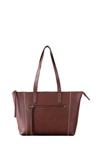Brown leather tote bag with shoulder straps, featuring a front zip pocket and decorative stitching along the sides. Smooth texture, rectangular shape.