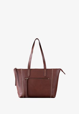 Brown leather tote bag with shoulder straps, featuring a front zip pocket and decorative stitching along the sides. Smooth texture, rectangular shape.
