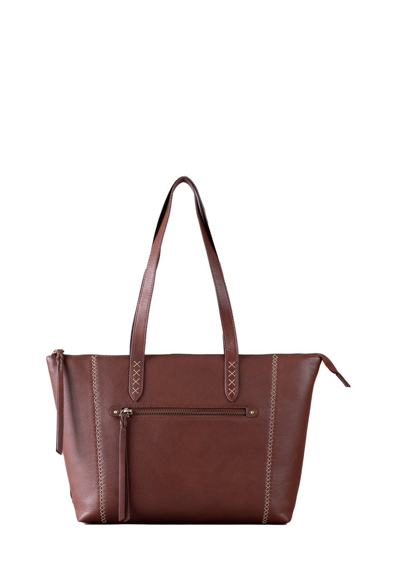 Brown leather tote bag with shoulder straps, featuring a front zip pocket and decorative stitching along the sides. Smooth texture, rectangular shape.