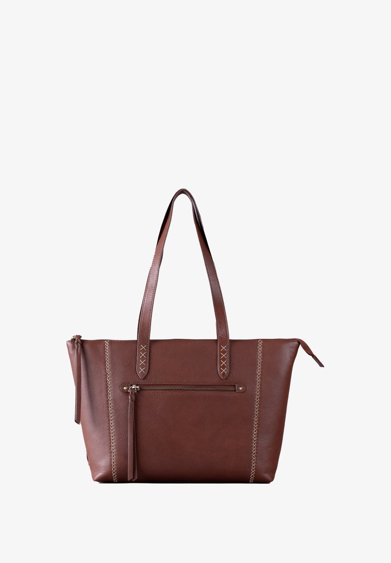 Brown leather tote bag with shoulder straps, featuring a front zip pocket and decorative stitching along the sides. Smooth texture, rectangular shape.