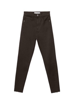 Højtaljede sorte skinny jeans med frontlommer, knap- og lynlåslukning samt rå kantdetalje.