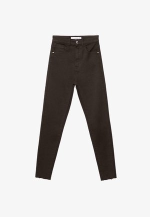 Jeans skinny neri a vita alta con tasche frontali, chiusura con bottone e cerniera, e dettagli di orlo grezzo.