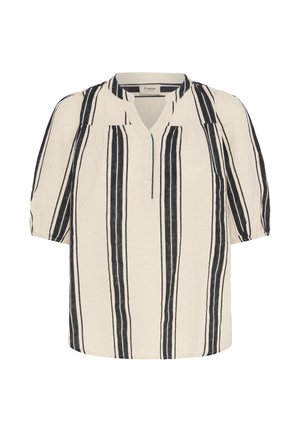 Bluză bej cu mâneci scurte, dungi verticale negre, decolteu rotund, fenta frontală cu nasturi și mâneci ușor bufante.