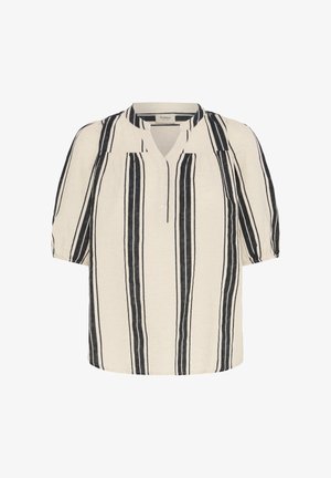 Bluză bej cu mâneci scurte, dungi verticale negre, decolteu rotund, fenta frontală cu nasturi și mâneci ușor bufante.