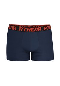 Boxer shorts bleu marine en tissu doux avec une ceinture élastique noire et rouge portant la mention "ATHENA" en lettres majuscules.
