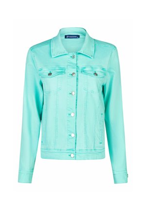 Šviesiai turkio spalvos džinsinis švarkelis su sagomis priekyje, dviem krūtinės kišenėmis su atvartais, ilgomis rankovėmis ir apykakle.