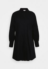 Vestido preto tipo camisola, com fecho de botões na parte da frente, detalhes laterais texturizados, mangas longas e volumosas, colarinho e um corte relaxado. Feito de tecido suave.