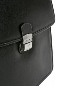 Black leather bag with a textured surface, featuring a silver metal clasp and stitching details along the edges.