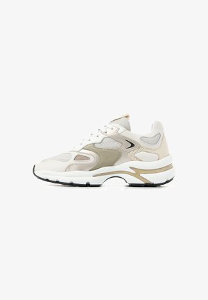 White and beige athletic sneaker with mesh and leather panels, thick cushioned sole, and black wave-shaped logo near the midfoot.