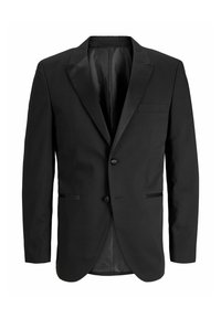 Meeste must bleiser sälklapiga, kahe esi-nööpiga ja kolme sissetõmmatava taskuga, esitatud valgel taustal.