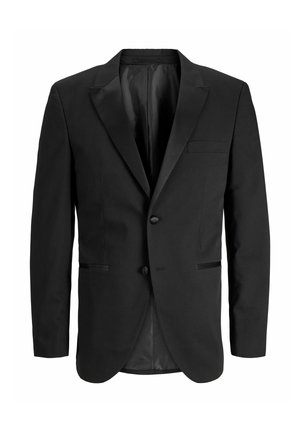 Blazer pour homme noir avec revers crantés, deux boutons sur le devant et trois poches passepoilées, présenté sur un fond blanc.