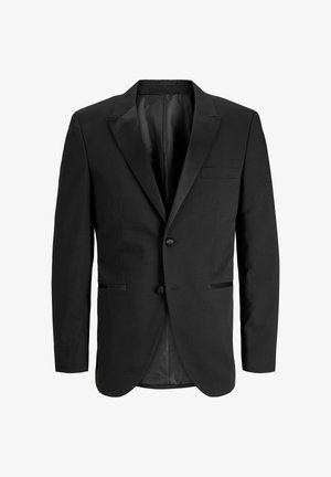 Blazer pour homme noir avec revers crantés, deux boutons sur le devant et trois poches passepoilées, présenté sur un fond blanc.