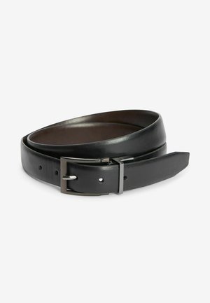 Black leather belt with a glossy finish, featuring a silver-tone metal buckle, multiple adjustment holes, and a tapered end.