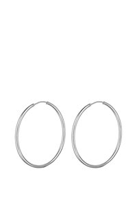 Orecchini a cerchio in argento, con un design circolare elegante caratterizzato da una superficie liscia e una leggera lucentezza, che mostrano un'estetica minimalista.