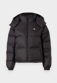 Doudoune noire avec fermeture éclair devant, poignets élastiques, capuche amovible avec boutons-pression et petit logo Calvin Klein sur la poitrine gauche.