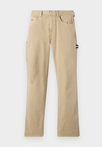 Beige katoenen broek met een rechte pijp, voorzien van twee voorzakken, een zijvak en een klein merklabel op de tailleband.