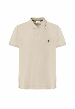 Polo beige in cotone, con colletto e maniche corte. Un piccolo logo ricamato è presente nella zona sinistra del petto.